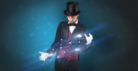 Magician with blue background and geometrical connection between two hands