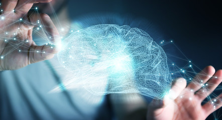 Businessman using digital x-ray human brain interface 3D rendering