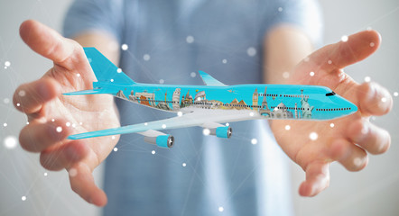 Businessman with plane and famous landmarks of the world 3D rendering