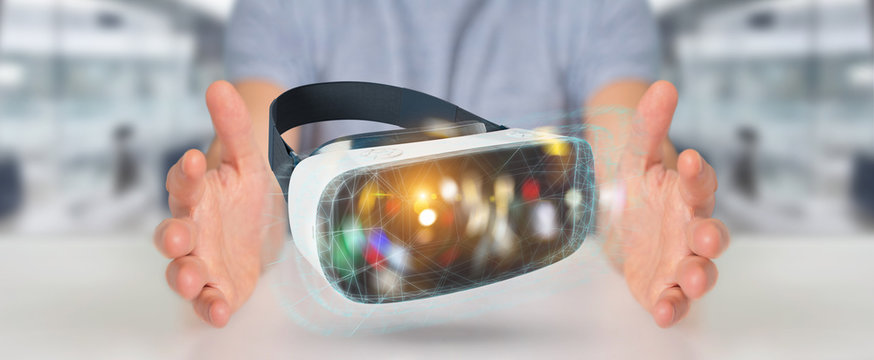 Businessman using virtual reality glasses technology 3D rendering