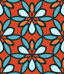 Seamless pattern morrocan ornament. Floral textile print. Islamic vector design. Oriental background with abstract flowers. Hexagonal trefoil swatch. Stained glass vitrage.