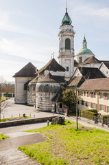 Fototapeta premium Solothurn, Stadt, Altstadt, Baseltor, Stadttor, St. Ursen-Kathedrale, Barock, Festung, Hauptgasse, Altstadthäuser, Frühling, Schweiz