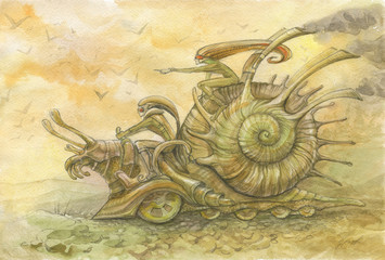 Picture with echoes of steampunk. racing snails. two elves run on giant battle metal snail) watercolor