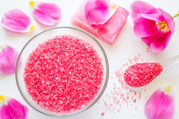 spa bath salts with soap and flowers