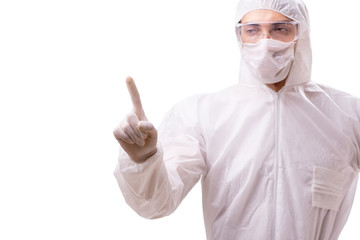 Man in protective suit isolated on white background