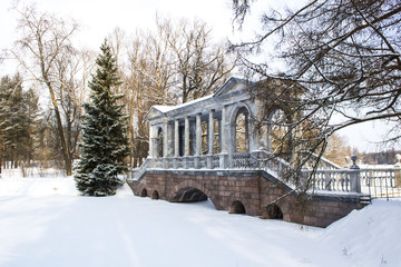 Winter landscape of the Great Pond in Landscape Park (the Catherine Park) with Marble or Palladian...