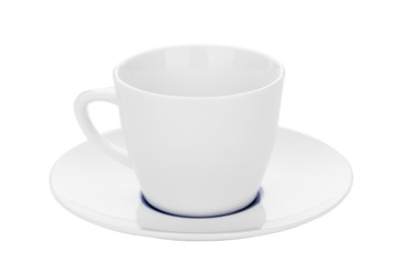 horizontal photograph of a white cup and saucer isolated