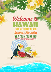 Hawaii vector travel illustration with colorful background. Summer template. Beach resort. Sunny vacations