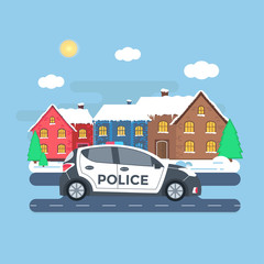 Obraz premium Police patrol on a road with police car, officer, house, nature landscape.