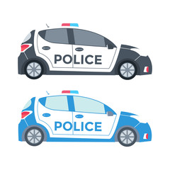 Vector police car side view isolated on white with flashing light, siren