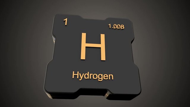 Hydrogen element symbol from periodic table on futuristic black glossy icon animated on dark background and chroma key green screen background