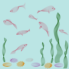 Aquarium objects: fishes, seaweed, shells, made of plenty lines. Objects grouped and named in English. No mesh, gradient, transparency used.