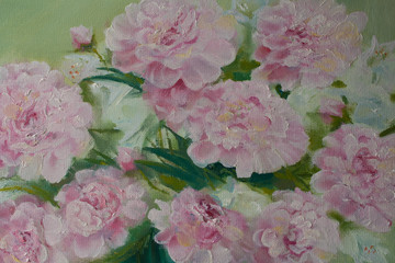 Flowers and cherries. Oil painting in pastel tones of peony and cherry.
