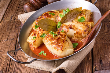 baked cabbage rolls in tomato sauce