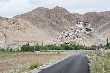 Landscape view of nature mountain road and building in Leh ladakh. North of india. Travel