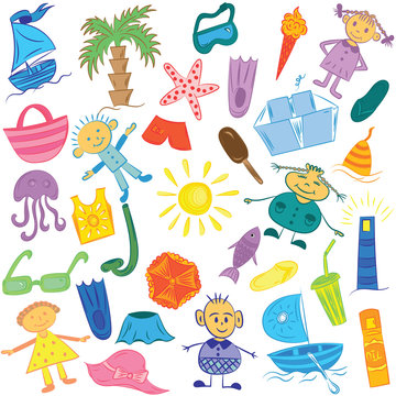 Hand Drawings of Summer Symbols with Children. Doodle Boats, Ice cream, Palms, Hat, Umbrella, Jellyfish, Cocktail, Sun and Kids. Vector Illustration.