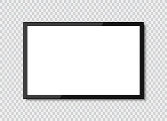 Realistic TV screen. Modern stylish lcd panel, led type. Large computer monitor display mockup. Blank television template. Graphic design element for catalog, web site, as mock up. Vector illustration