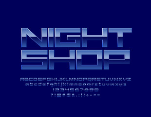 Vector Blue Glossy Sign Night Shop. Geometric design style Alphabet Letters, Numbers and Symbols. Modern techno Font