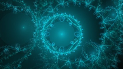 Farbige Grafik - Kreise und fraktale Formen - Eisblau auf Schwarz