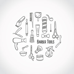 Hairdresser's tools. Illustration with bottle, cosmetics, mirror, scissors, spray.