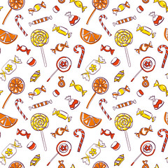 The seamless vector pattern with hand drawn sweets. Candy