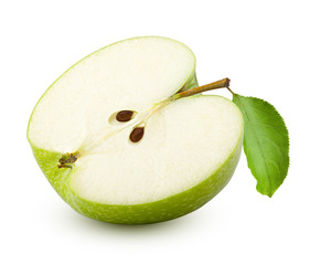 Green juicy apple slice isolated on white background, clipping path, full depth of field