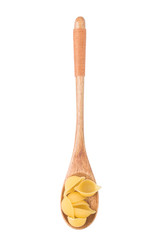 pasta on wooden spoon, isolated on white background, clipping path