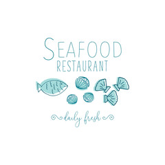 Hand Drawn Doodle Sketch Seafood illustration. Nautical background for seafood or fish restaurants, bars, markets or festivals. Vector template