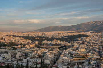 Panorama of Athens city with new Acropolis Museum from Acropolis hill, Athens,Greece
