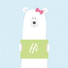 Polar bear girl Hi vector card illustration on a dotted pattern background