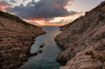 Fototapeta na wymiar Landscape view of rocky formations Korakonisi in Zakynthos, Greece.Beautiful summer sunset, magnificent seascape.