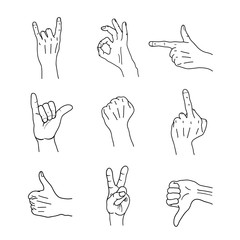Set of black outline common cartoon hand gestures, signs on white