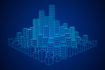 Mesh low poly wireframe cubes array like skyscraper city. Connected lines town. Connection Box Structure. Digital Data Visualization Concept. Vector Illustration.