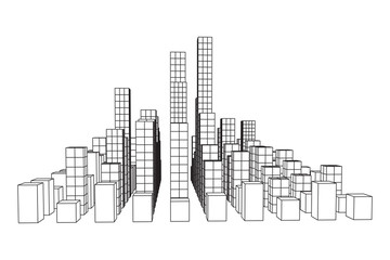 Mesh low poly wireframe cubes array like skyscraper city. Connected lines town. Connection Box Structure. Digital Data Visualization Concept. Vector Illustration.