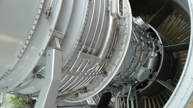 Big aircraft reaction turbine. Detailed exposure of a turbo jet engine.
