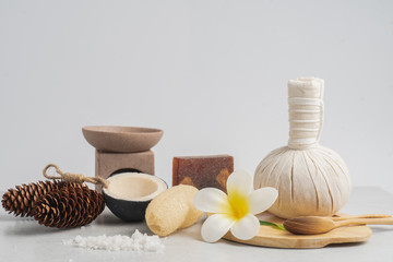 Aromatherapy  product  Spa set massage with concrete  background. top view,flat lay composition.