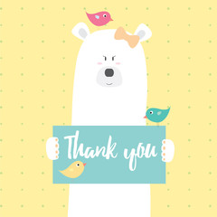 Polar bear girl and birds Thank you vector card illustration on a dotted pattern background