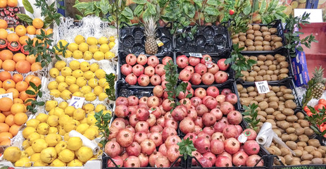 Fruit market with various colorful fresh fruits