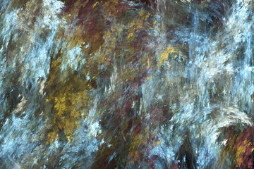 Abstract painted texture. Chaotic blue, brown and green strokes. Fractal background. Fantasy digital art. 3D rendering.