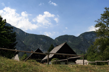 Fototapeta na wymiar tradycyjna zabudowa wiejska w słowenii i góry alpy julijskie w tle