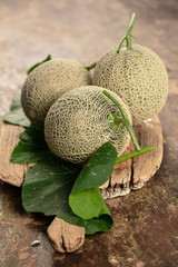 Close up cantaloupe melons on wooden table