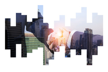 Double explosure Business man handshake on Abstract city view Backgorund,Teamwork and finance concept