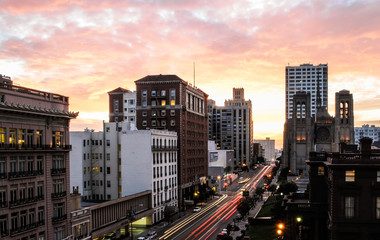Fototapeta na wymiar Long exposure of California Street in San Francisco during sunset