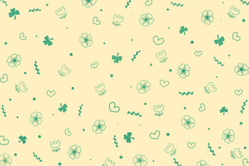 Cute green botanicals and heart shape pattern on pastel beige background in abstract style by doodle art hand drawing illustration. Concept about environment and plants for background or wallpaper.