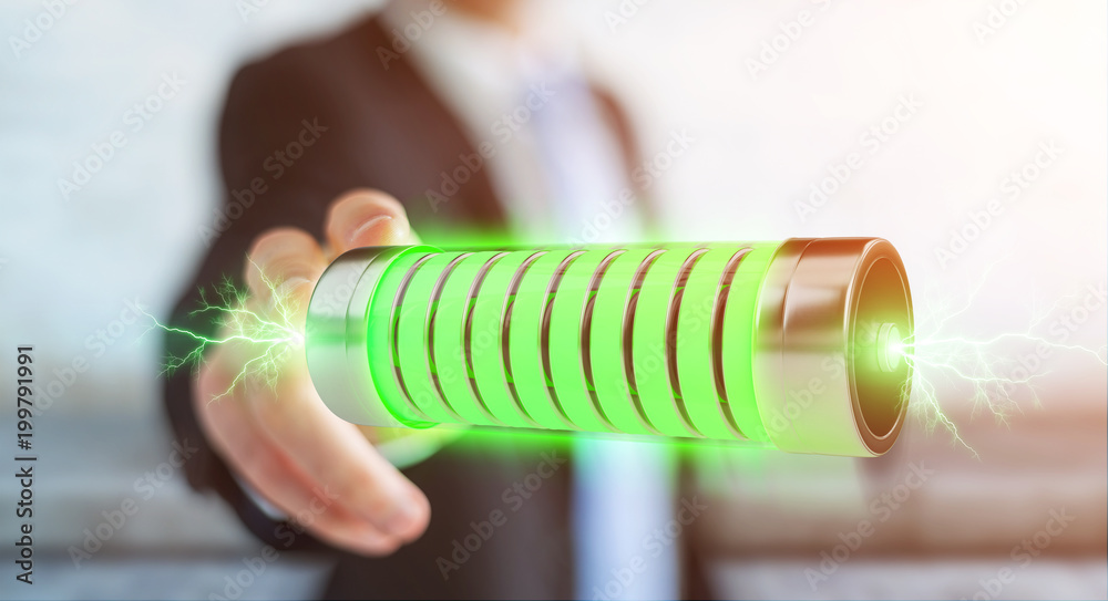 Aufkleber businessman using green battery with lightnings 3d rendering