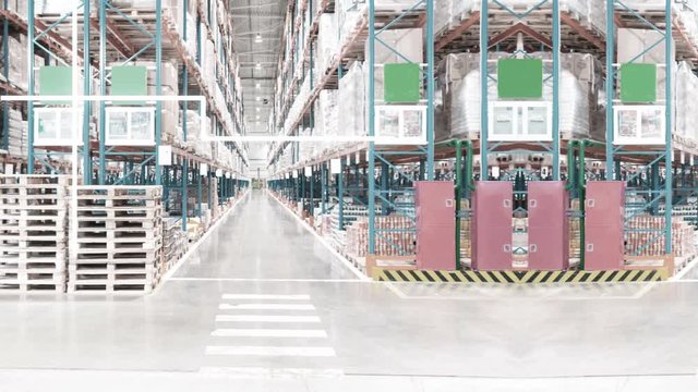Slightly blurred and defocused industrial warehouse or storage interior background with moving lines. Toned image for your design. Warehouse, storage, retail technology intro.