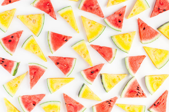 Watermelon pattern. Red and yellow watermelon on white background. Summer concept. Flat lay, top view