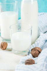 Vegan alternative food, walnut non-dairy milk on light blue background, copy space