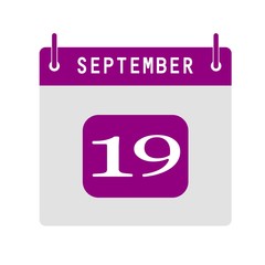 Calendar flat icon 19th of September. Vector illustration.