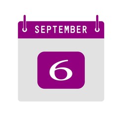 Calendar flat icon 6th of September. Vector illustration.